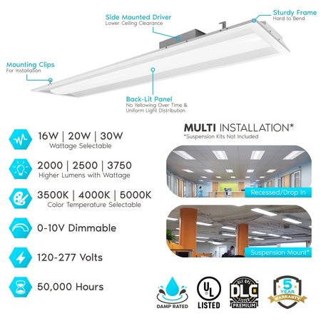 Luxrite 1x4 FT Rectangle LED Troffer Light 3CCT 3500K-5000K 16/20/30W 2000/2500/3750LM 0-10V Dimmable 4-Pack LR25135-4PK